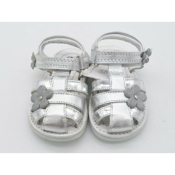 Dogi Sandals Baby Size 6 Silver Glitter Flower Strappy Slingback Hook & Loop - Picture 6 of 9